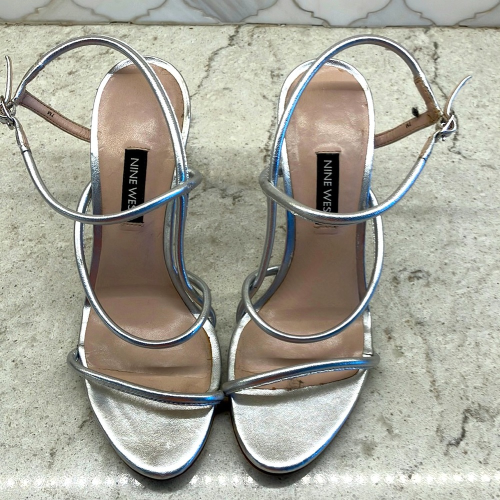 Silver Nine West strappy 4” heels
